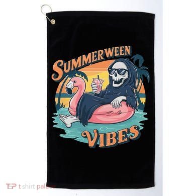 Summerween Vibes Skeleton Flamingo Float Summer Halloween Golf Towel
