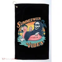 Summerween Vibes Skeleton Flamingo Float Summer Halloween Golf Towel thumb 0