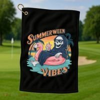 Summerween Vibes Skeleton Flamingo Float Summer Halloween Golf Towel thumb 1