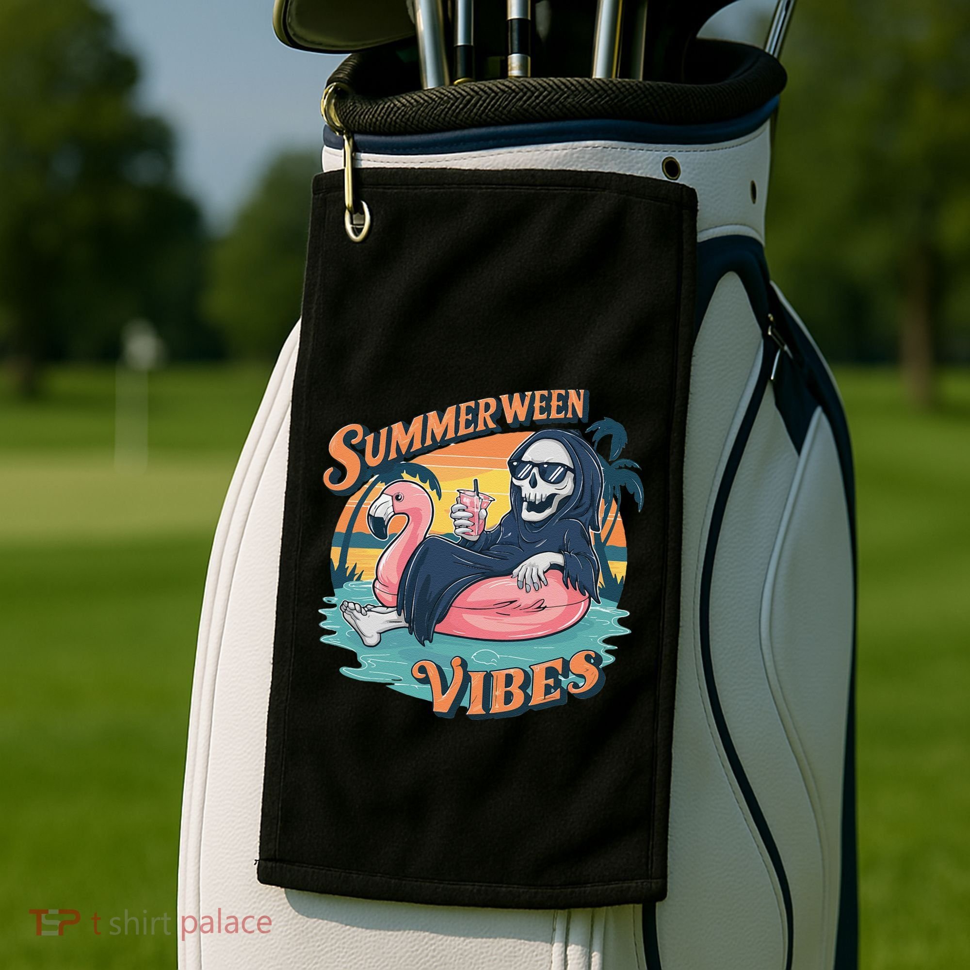 Summerween Vibes Skeleton Flamingo Float Summer Halloween Golf Towel