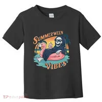 Summerween Vibes Skeleton Flamingo Float Summer Halloween Toddler T-Shirt thumb 0