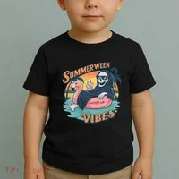 Summerween Vibes Skeleton Flamingo Float Summer Halloween Toddler T-Shirt thumb 2