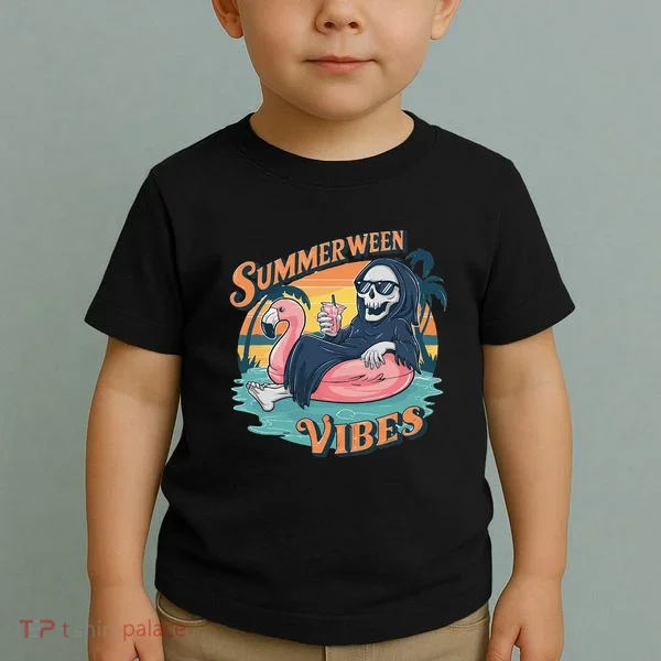 Summerween Vibes Skeleton Flamingo Float Summer Halloween Toddler T-Shirt