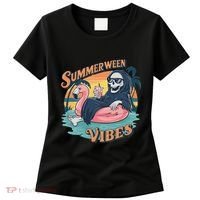 Summerween Vibes Skeleton Flamingo Float Summer Halloween Women's T-Shirt thumb 0