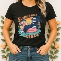 Summerween Vibes Skeleton Flamingo Float Summer Halloween Women's T-Shirt thumb 2