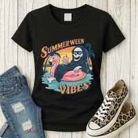 Summerween Vibes Skeleton Flamingo Float Summer Halloween Women's T-Shirt thumb 3