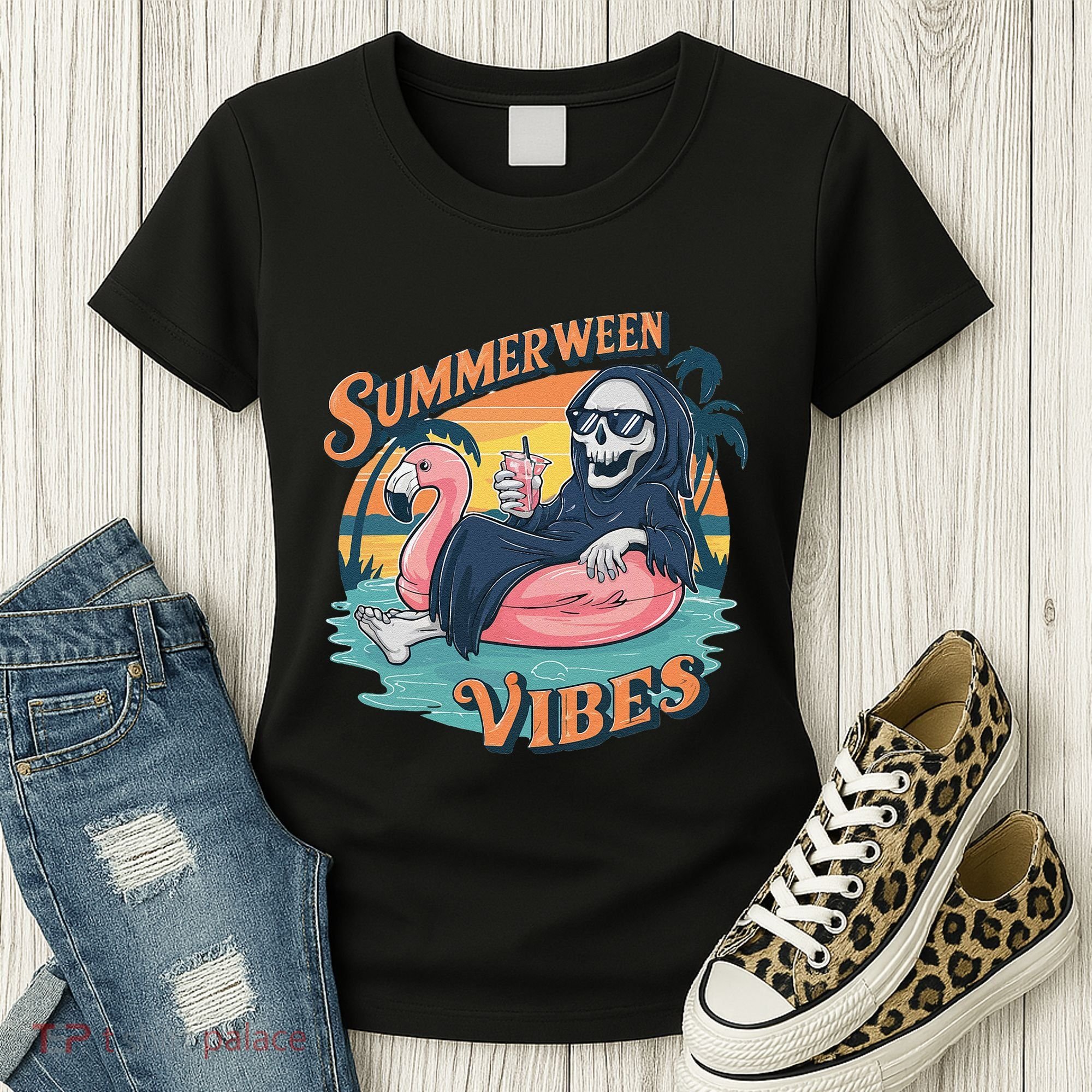 Summerween Vibes Skeleton Flamingo Float Summer Halloween Women's T-Shirt