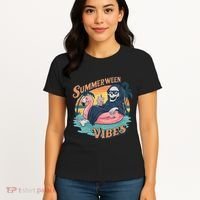 Summerween Vibes Skeleton Flamingo Float Summer Halloween Women's T-Shirt thumb 4