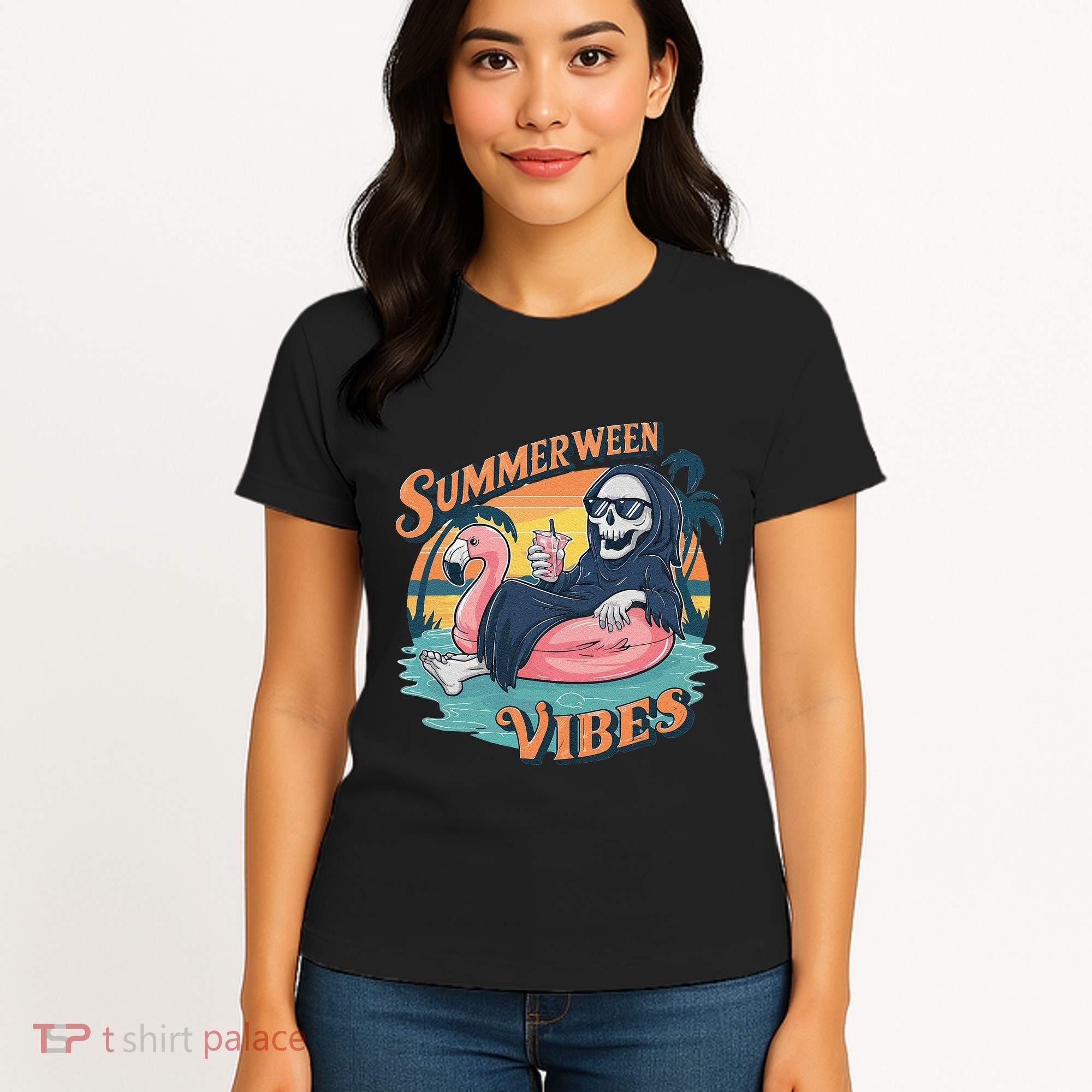 Summerween Vibes Skeleton Flamingo Float Summer Halloween Women's T-Shirt