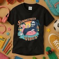 Summerween Vibes Skeleton Flamingo Float Summer Halloween Kids T-Shirt thumb 3