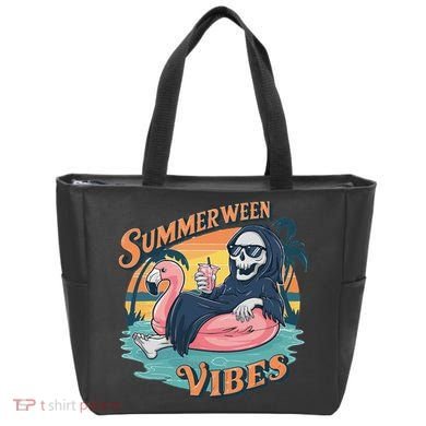 Summerween Vibes Skeleton Flamingo Float Summer Halloween Tote Bag