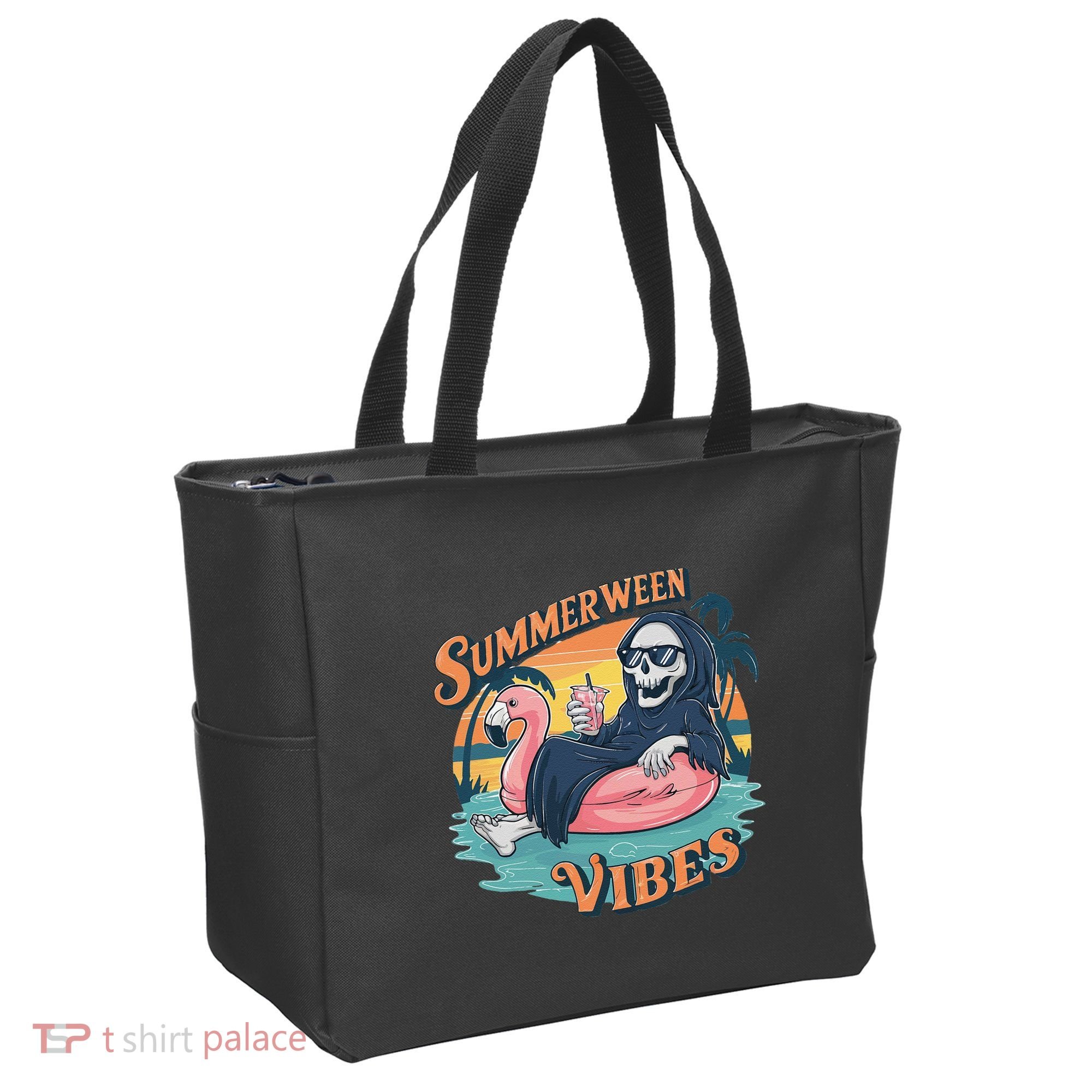 Summerween Vibes Skeleton Flamingo Float Summer Halloween Tote Bag