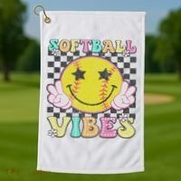 Softball Vibes Softball Retro Groovy Game Day Women Golf Towel thumb 1