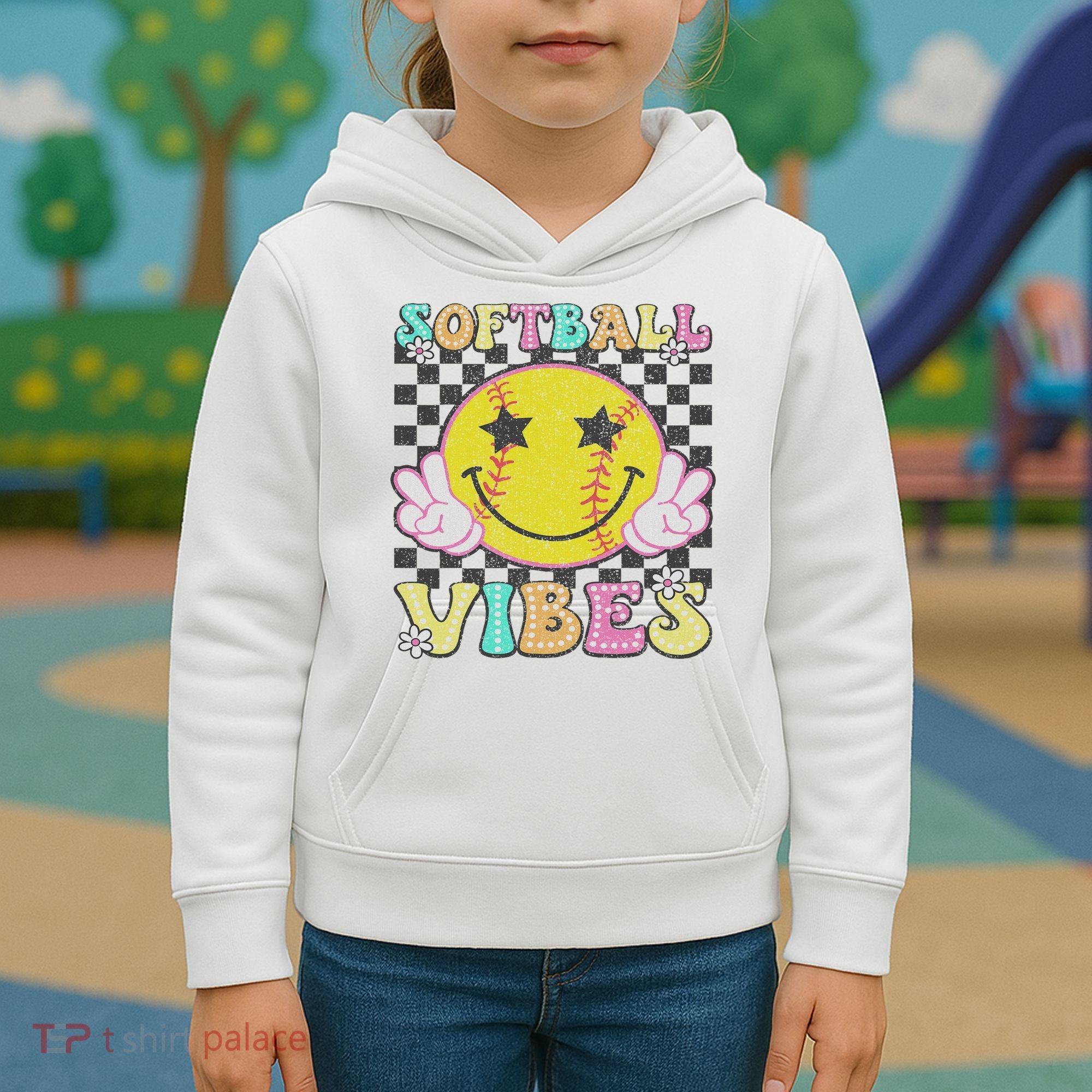 Softball Vibes Softball Retro Groovy Game Day Women Kids Hoodie