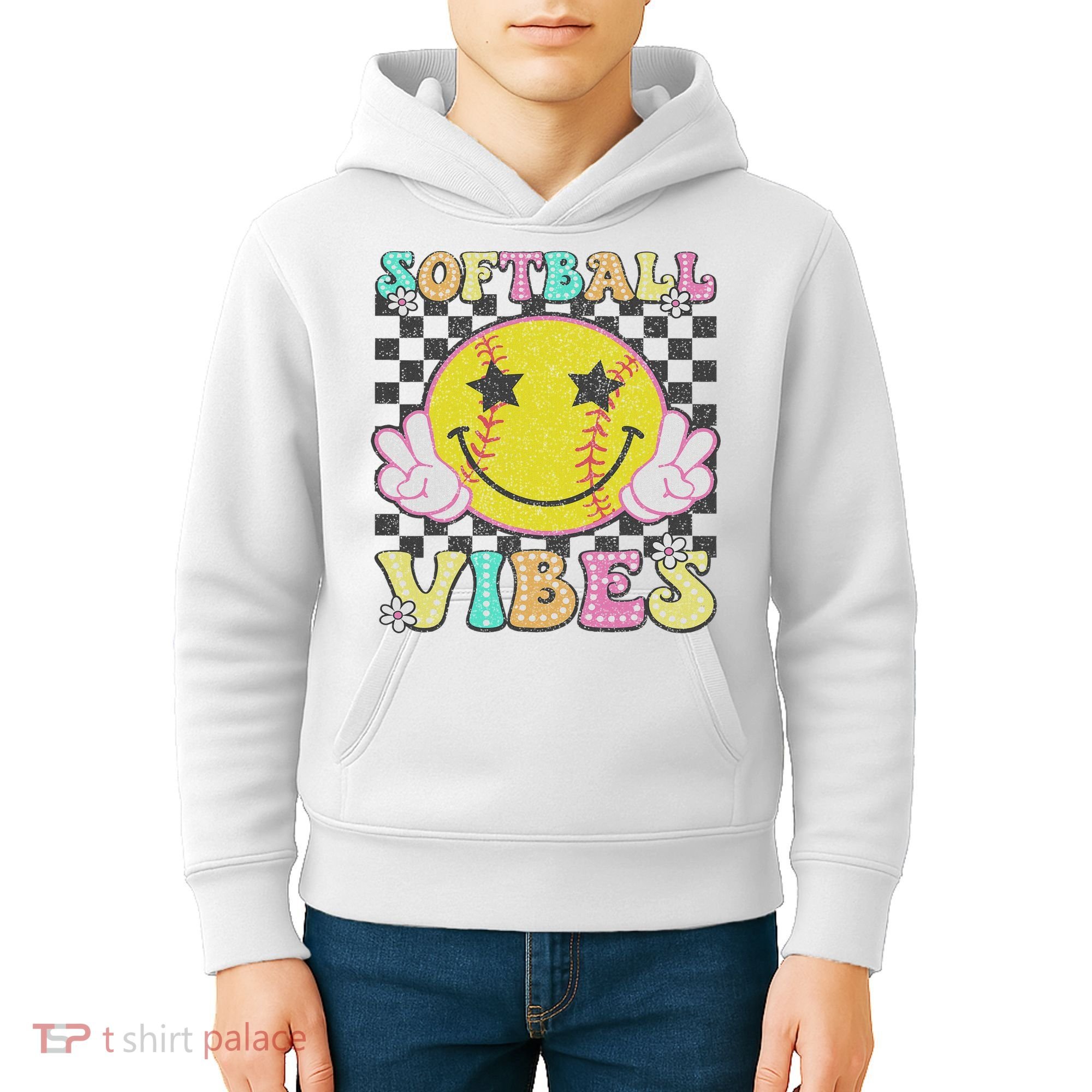 Softball Vibes Softball Retro Groovy Game Day Women Kids Hoodie