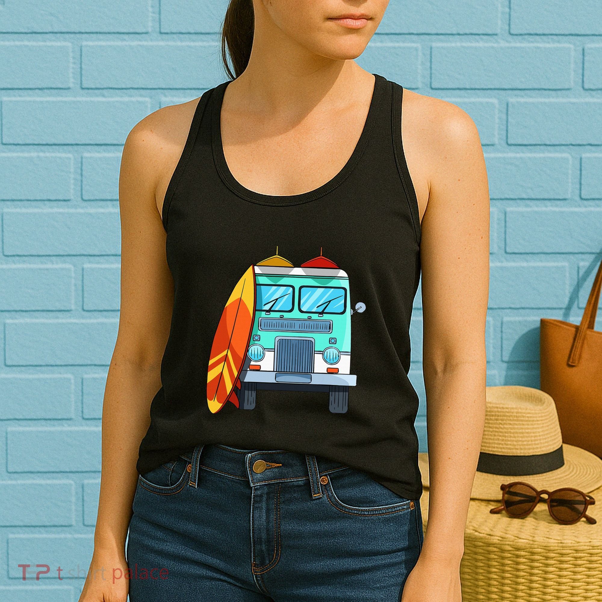 Surf Van Surfboard Palm Trees Surfing Surfer Waves Summer Women's Tank Top