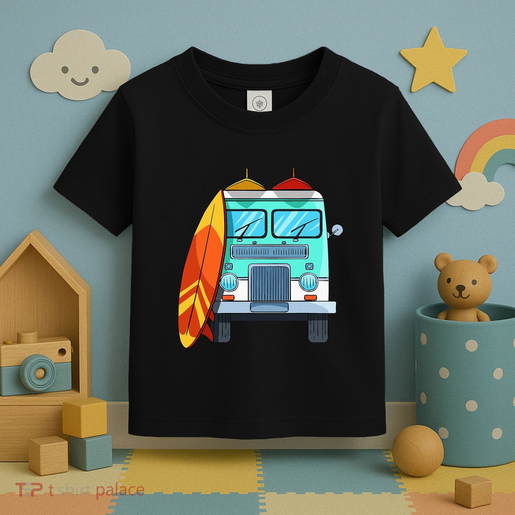 Surf Van Surfboard Palm Trees Surfing Surfer Waves Summer Toddler T-Shirt