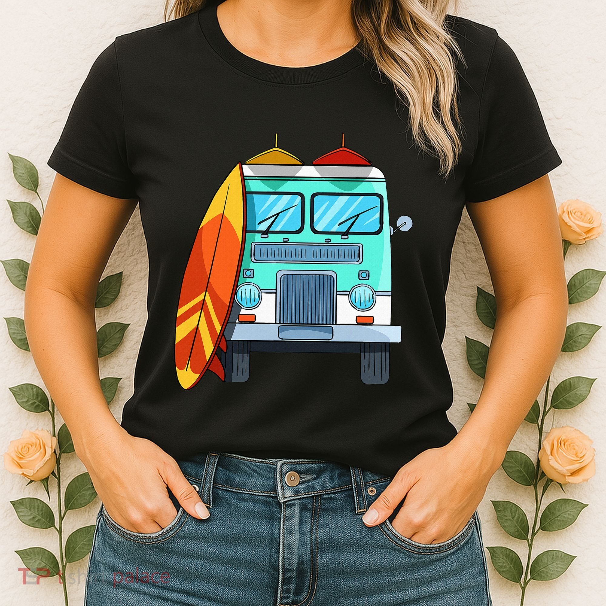 Surf Van Surfboard Palm Trees Surfing Surfer Waves Summer Women's T-Shirt
