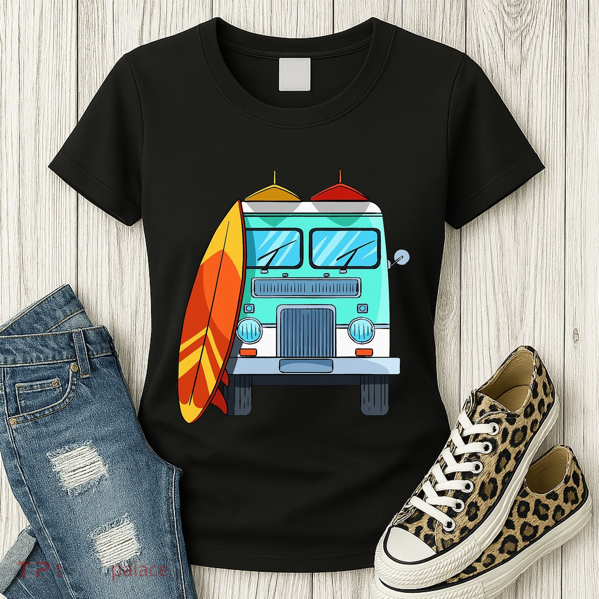 Surf Van Surfboard Palm Trees Surfing Surfer Waves Summer Women's T-Shirt