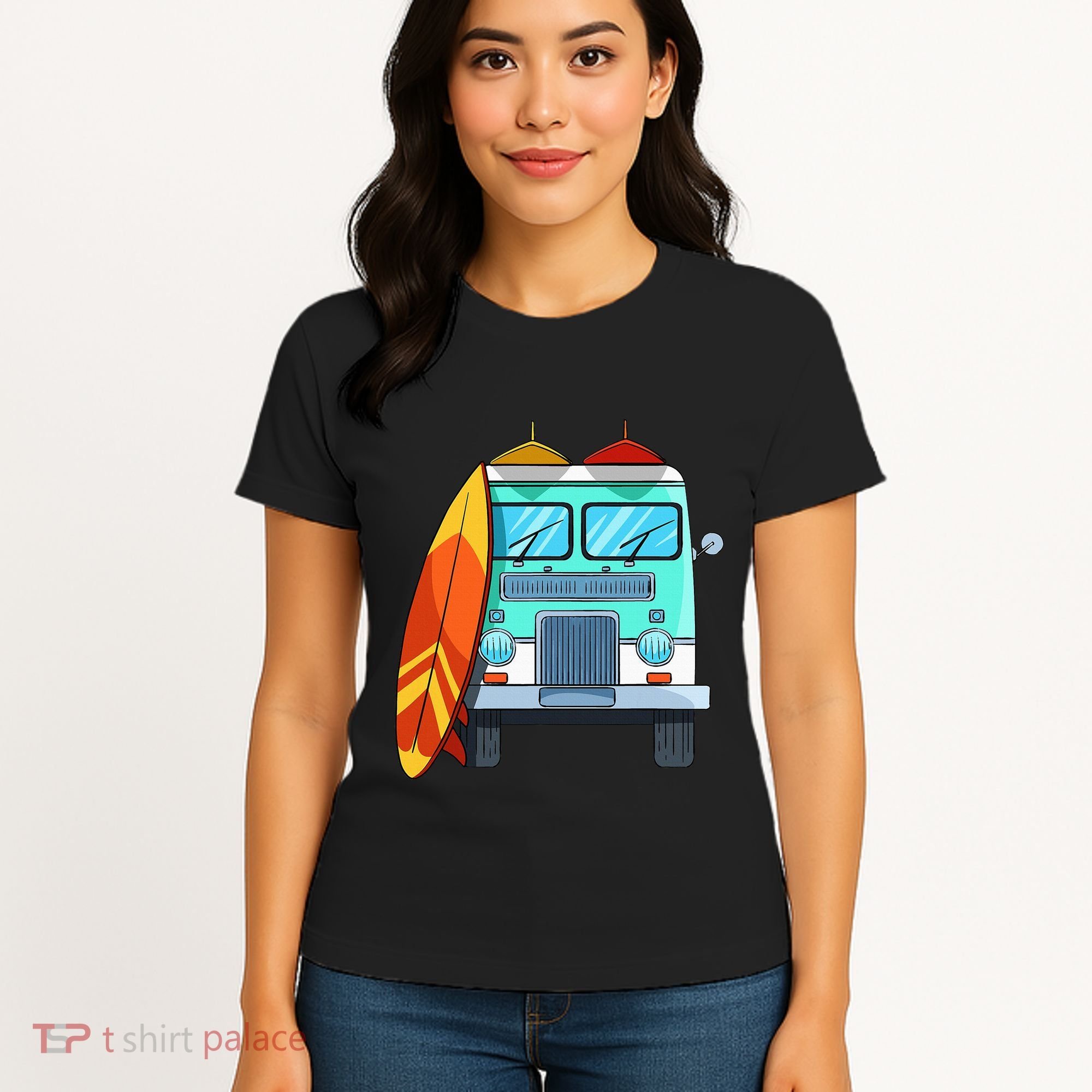 Surf Van Surfboard Palm Trees Surfing Surfer Waves Summer Women's T-Shirt