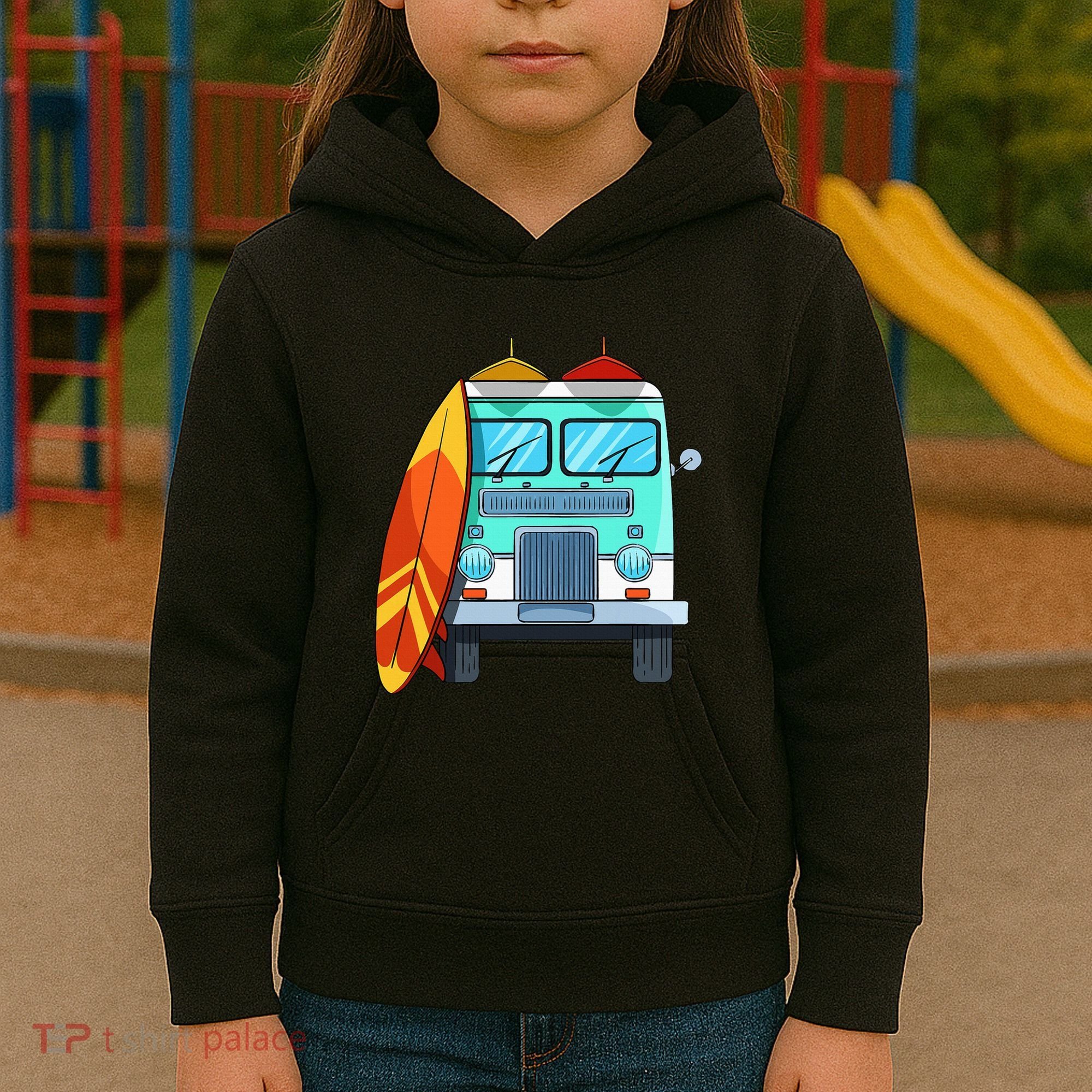 Surf Van Surfboard Palm Trees Surfing Surfer Waves Summer Kids Hoodie