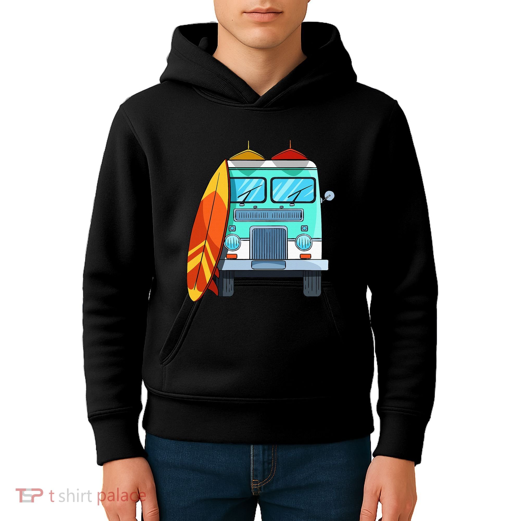 Surf Van Surfboard Palm Trees Surfing Surfer Waves Summer Kids Hoodie