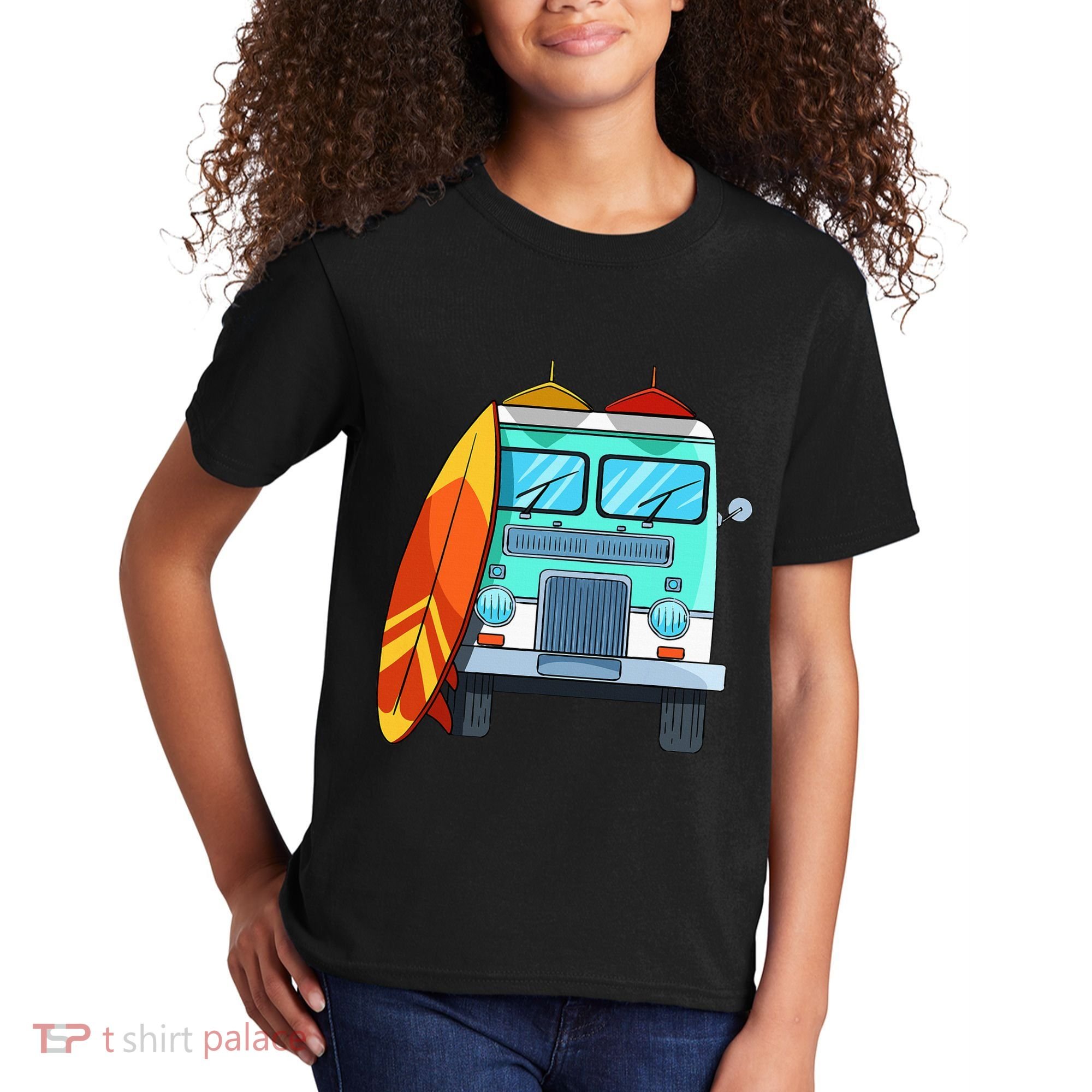 Surf Van Surfboard Palm Trees Surfing Surfer Waves Summer Kids T-Shirt