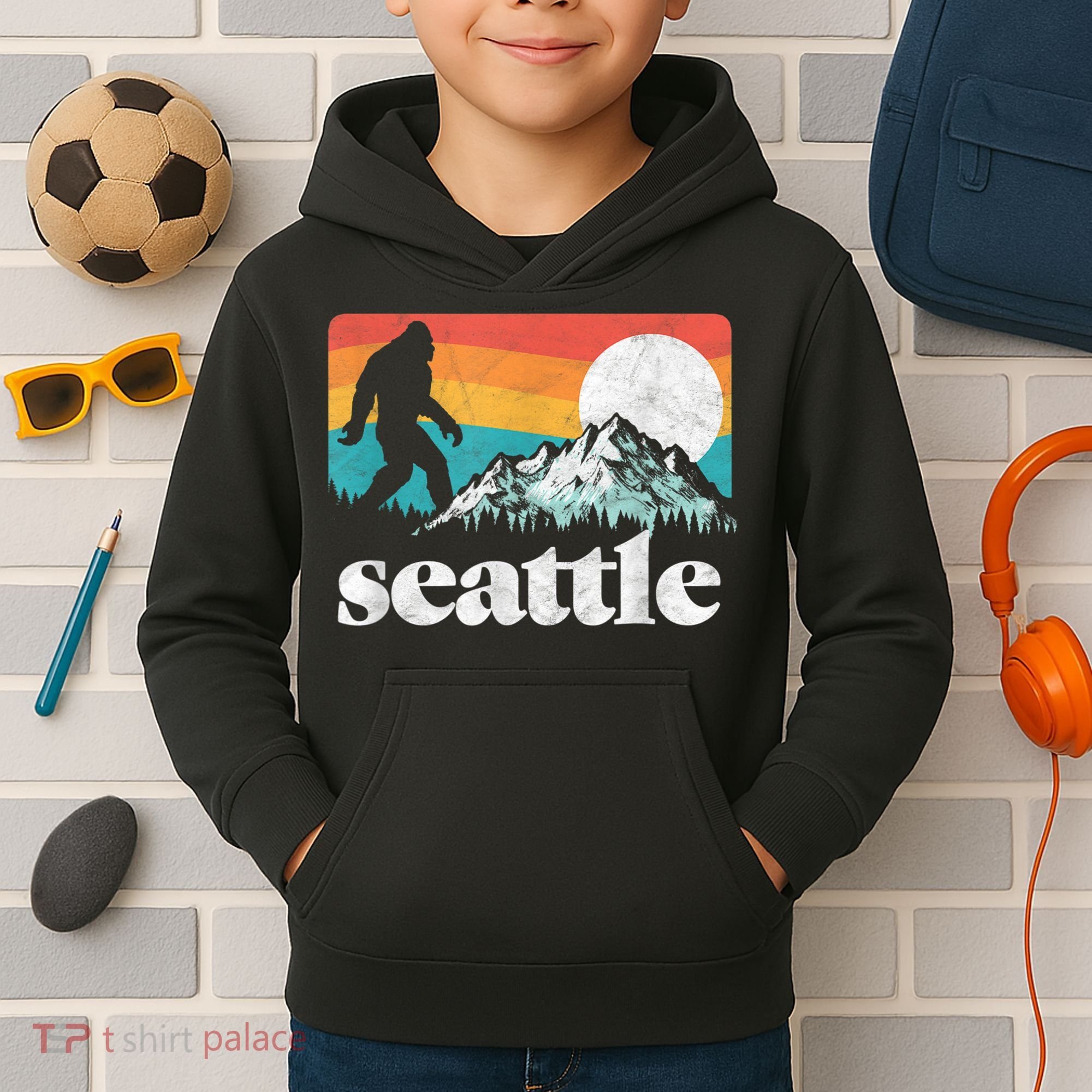 Seattle Washington Bigfoot Mountains Kids Hoodie
