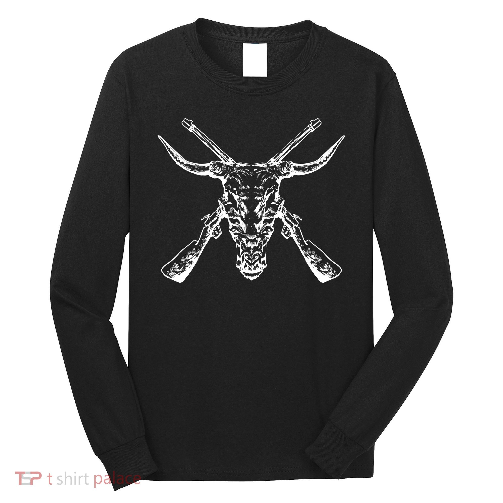 Skull With Crossed Guns And Horns Long Sleeve Shirt