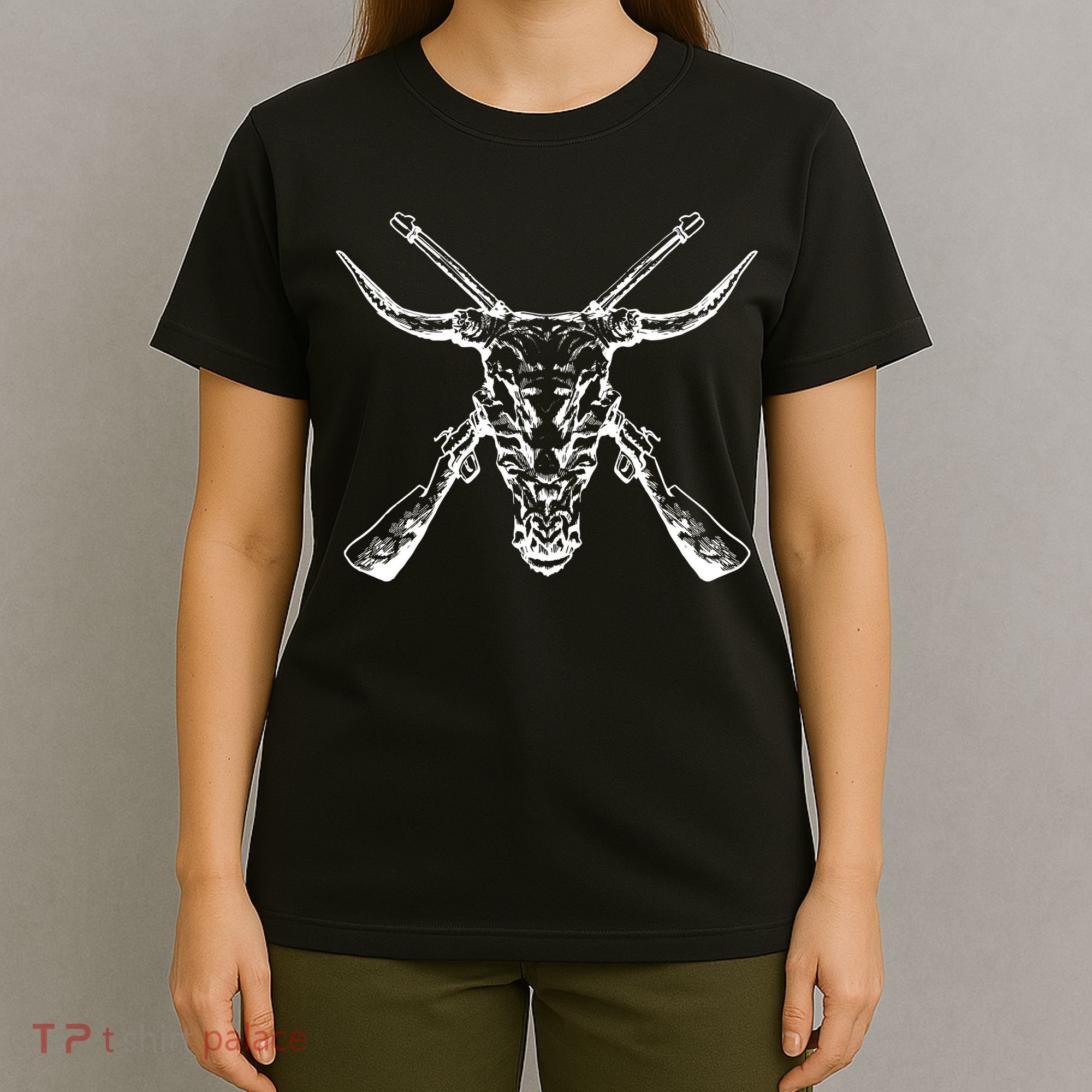 Skull With Crossed Guns And Horns T-Shirt
