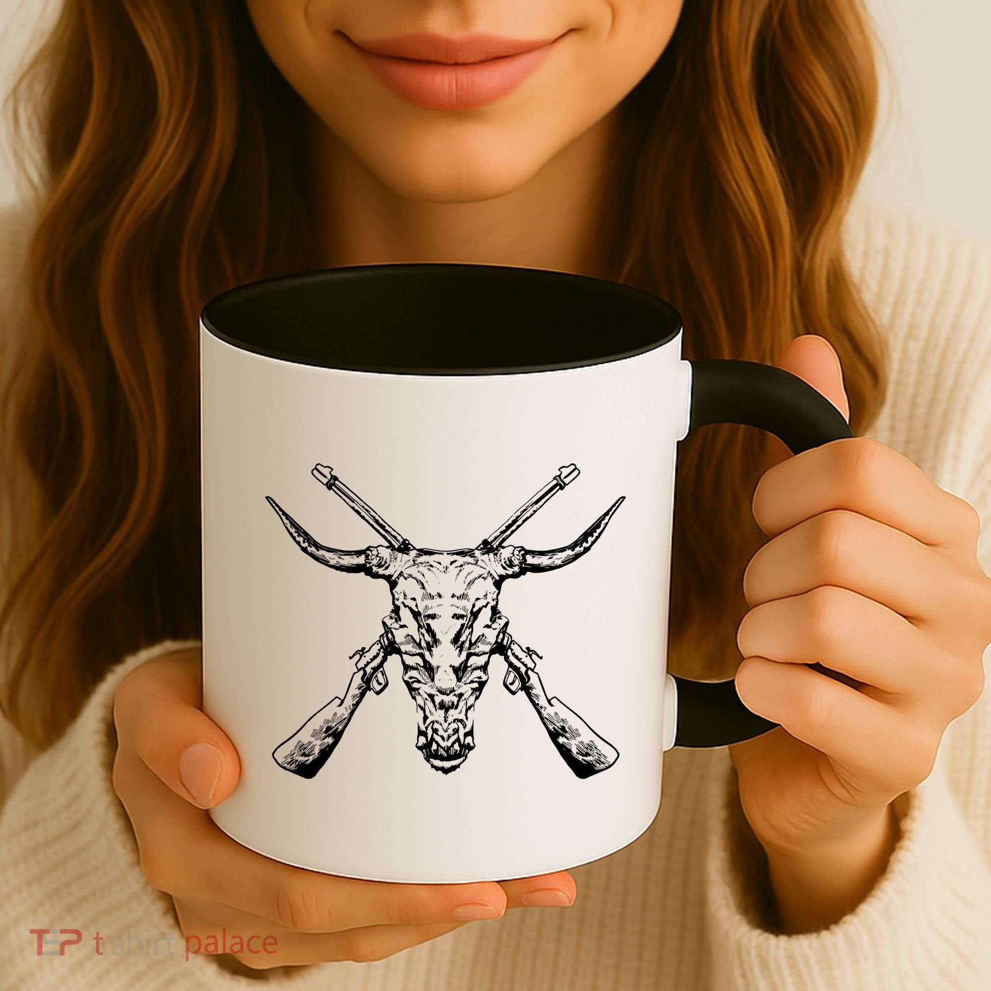 Skull With Crossed Guns And Horns Coffee Mug
