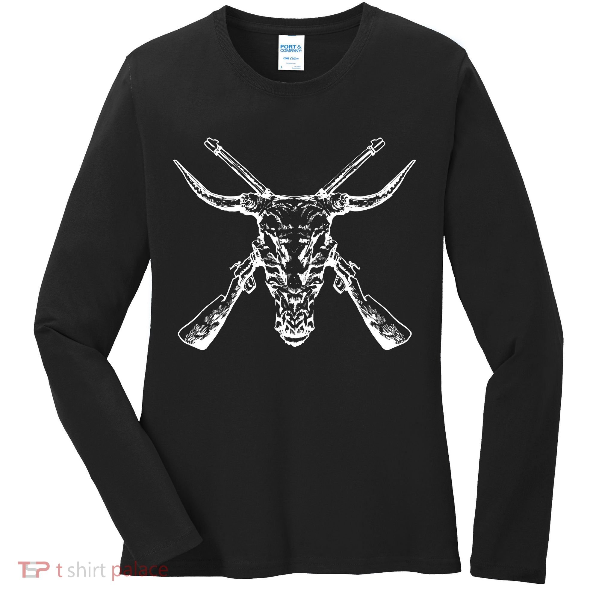 Skull With Crossed Guns And Horns Women's Long Sleeve Shirt