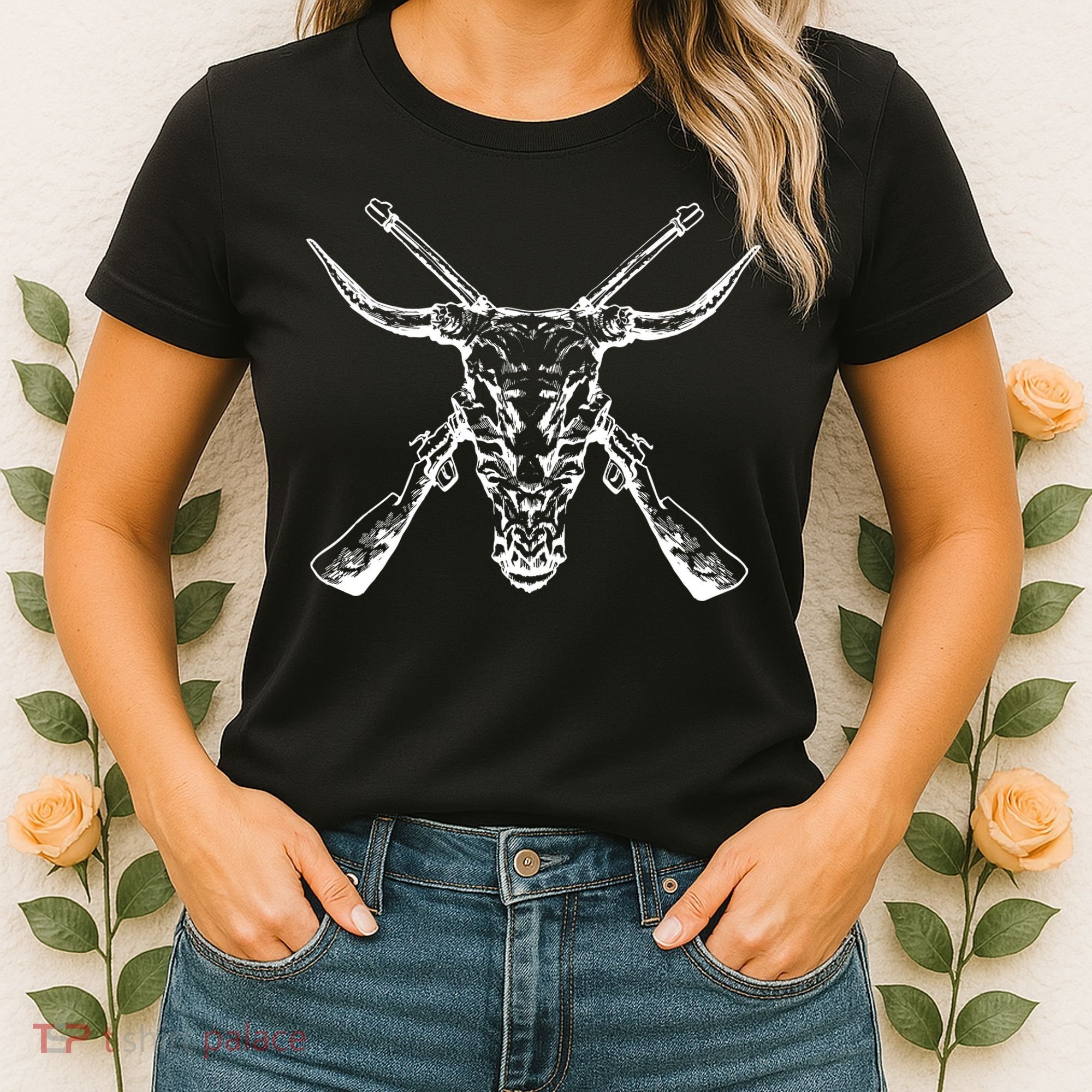 Skull With Crossed Guns And Horns Women's T-Shirt