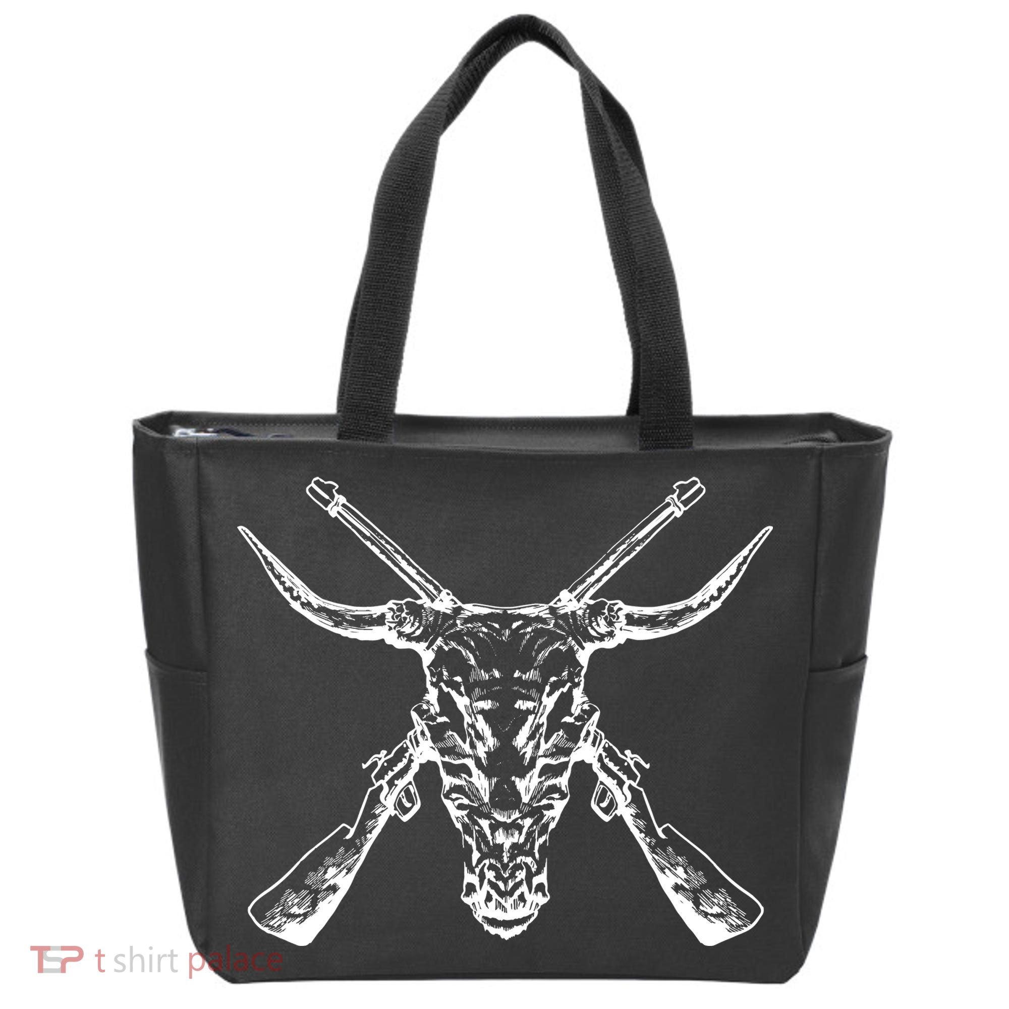 Skull With Crossed Guns And Horns Tote Bag