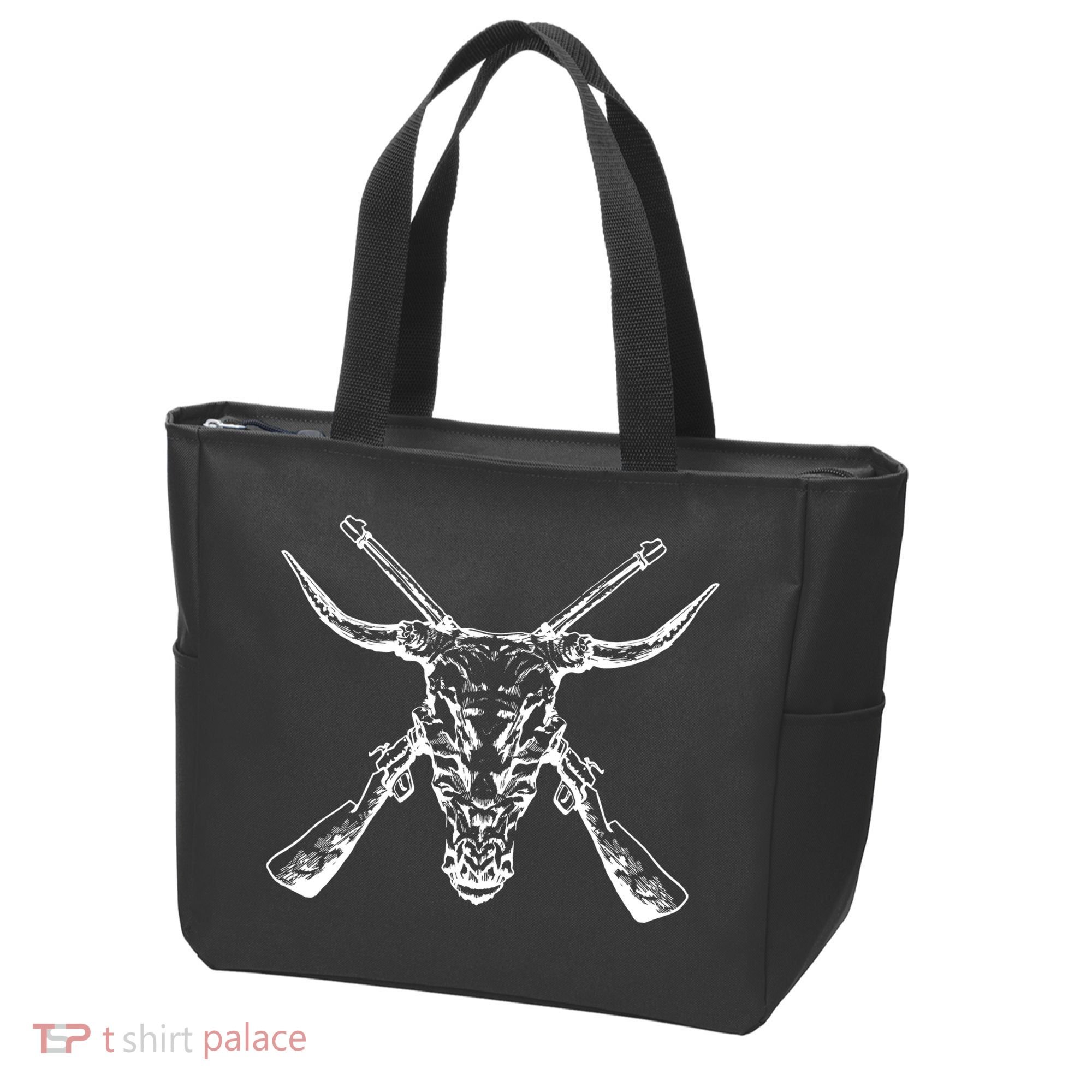 Skull With Crossed Guns And Horns Tote Bag