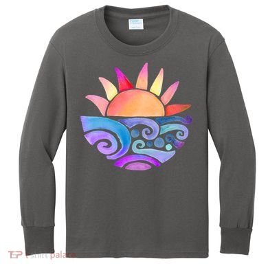 Summer Water Color Sunset Beach Kids Long Sleeve Shirt