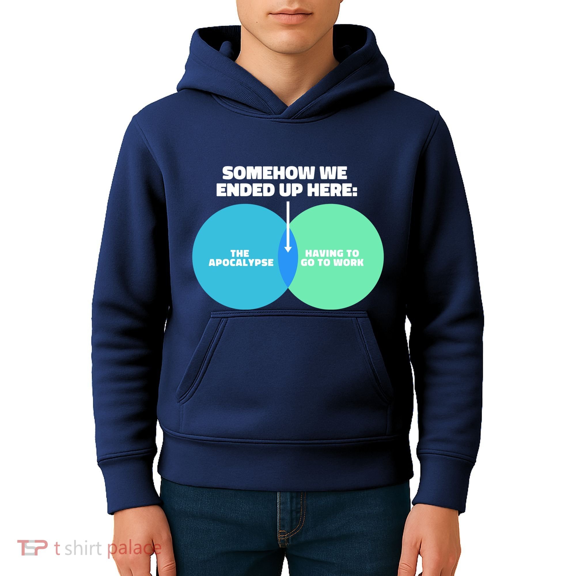 Somehow We Ended Up Here Between Apocalypse & Having To Work Kids Hoodie
