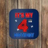 Spider Web Four 4 Years Old ItS My 4th Birthday Boy Party Coaster thumb 0