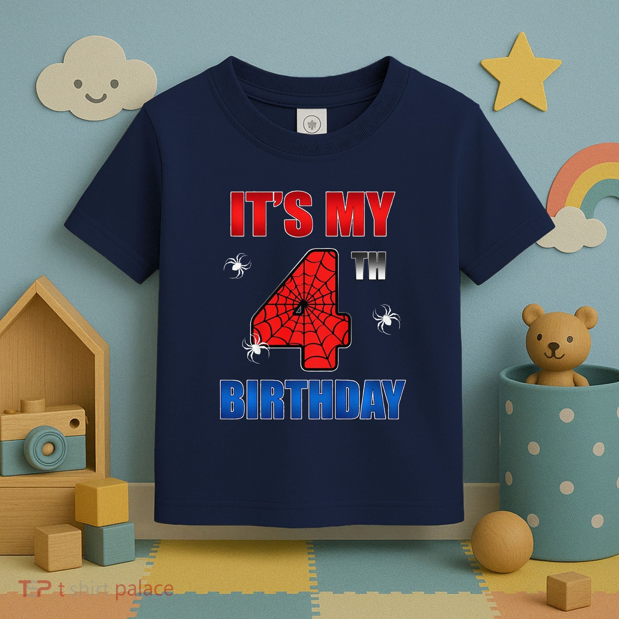 Spider Web Four 4 Years Old ItS My 4th Birthday Boy Party Toddler T-Shirt
