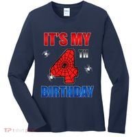 Spider Web Four 4 Years Old ItS My 4th Birthday Boy Party Women's Long Sleeve Shirt thumb 0