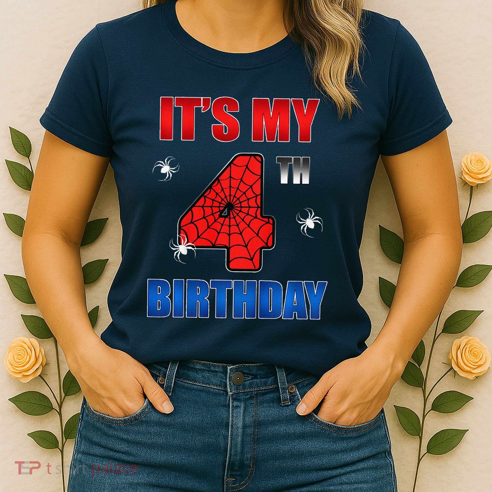 Spider Web Four 4 Years Old ItS My 4th Birthday Boy Party Women's T-Shirt