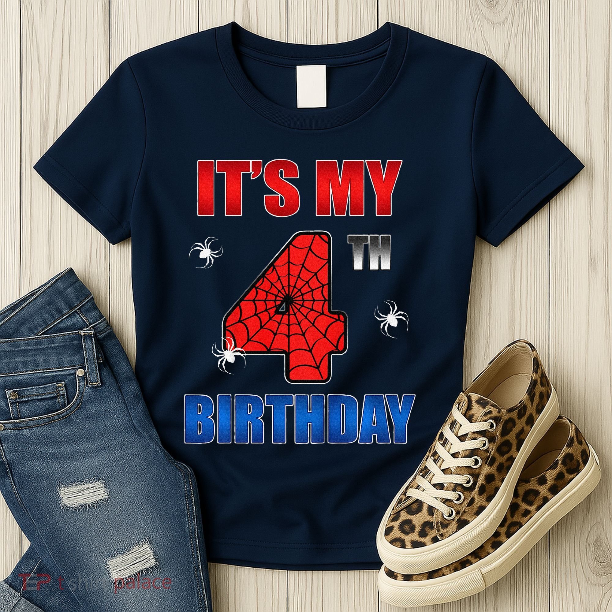 Spider Web Four 4 Years Old ItS My 4th Birthday Boy Party Women's T-Shirt