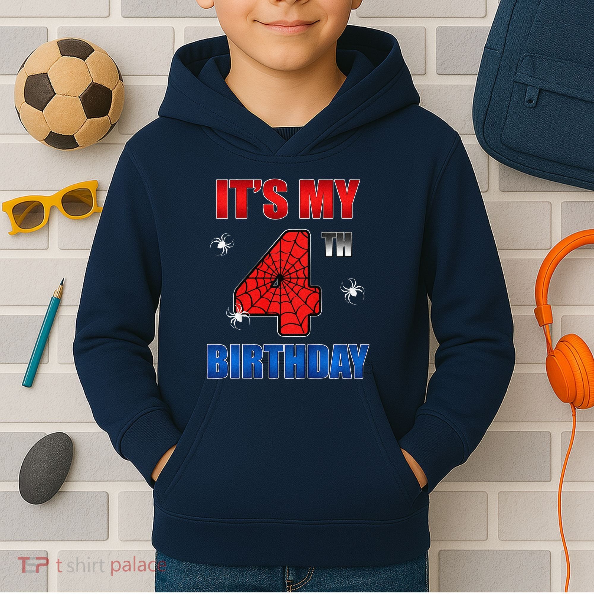 Spider Web Four 4 Years Old ItS My 4th Birthday Boy Party Kids Hoodie