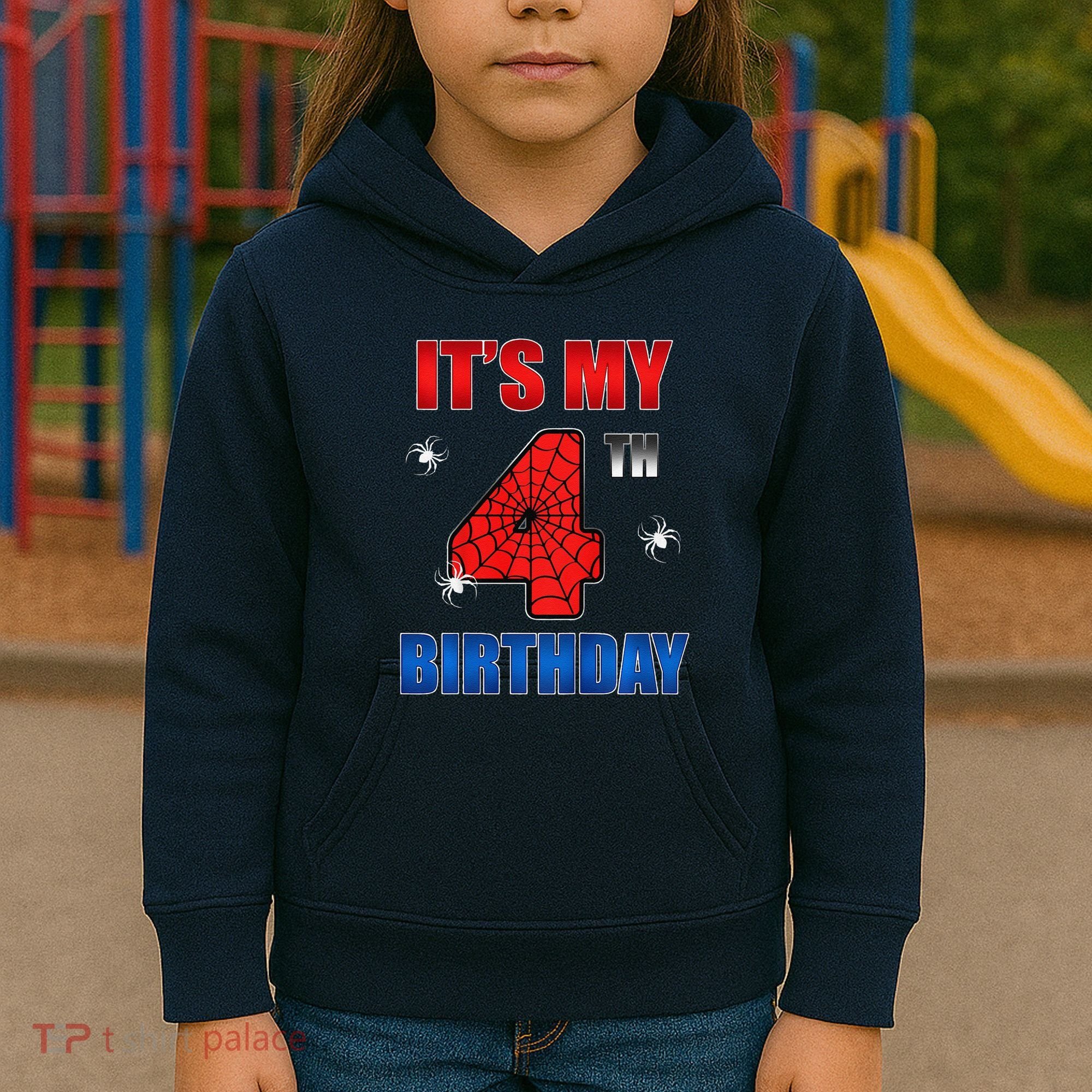 Spider Web Four 4 Years Old ItS My 4th Birthday Boy Party Kids Hoodie
