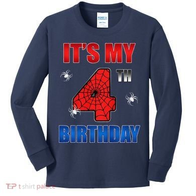 Spider Web Four 4 Years Old ItS My 4th Birthday Boy Party Kids Long Sleeve Shirt