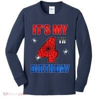 Spider Web Four 4 Years Old ItS My 4th Birthday Boy Party Kids Long Sleeve Shirt thumb 0