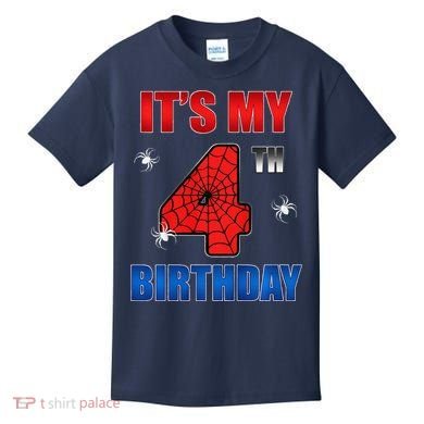 Spider Web Four 4 Years Old ItS My 4th Birthday Boy Party Kids T-Shirt