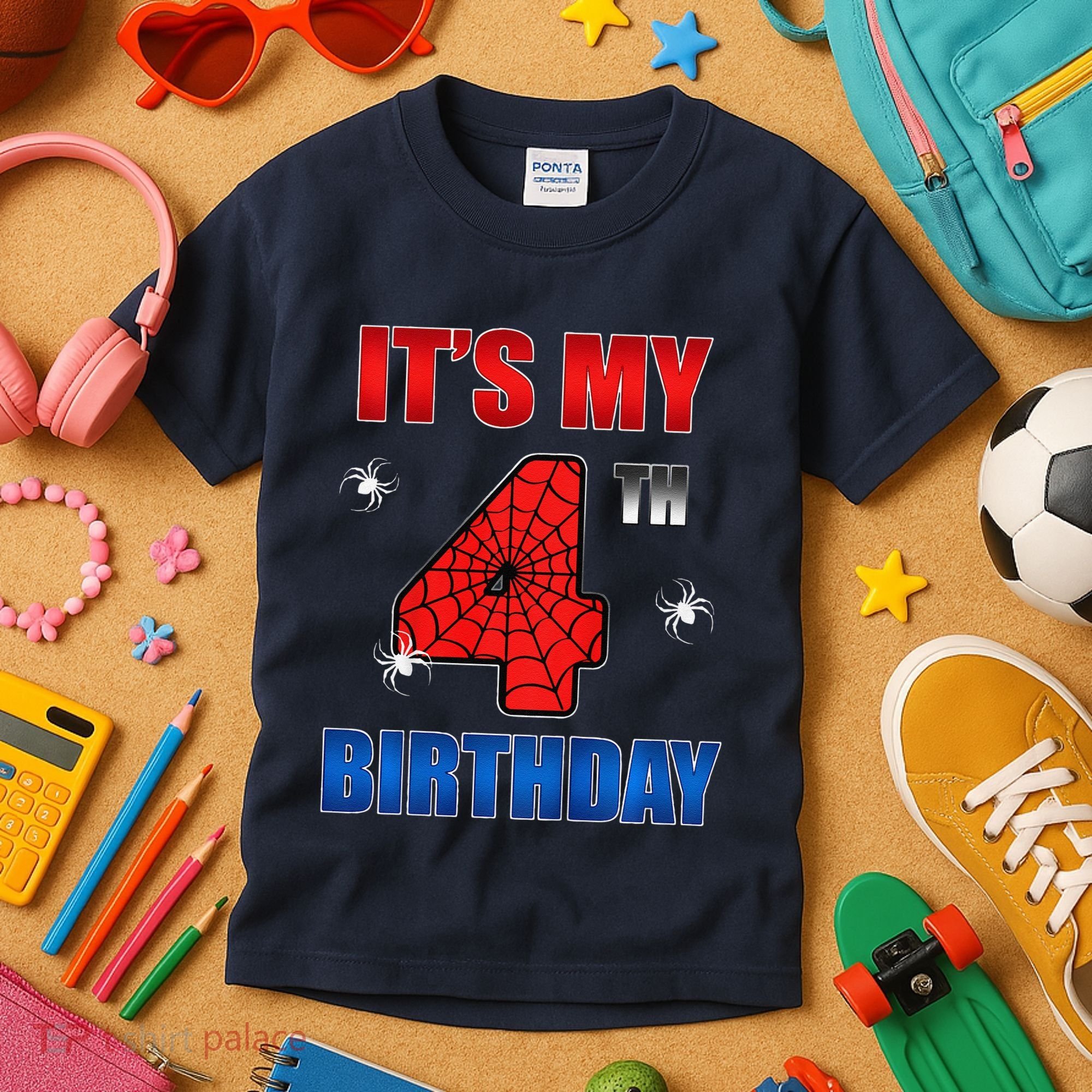 Spider Web Four 4 Years Old ItS My 4th Birthday Boy Party Kids T-Shirt