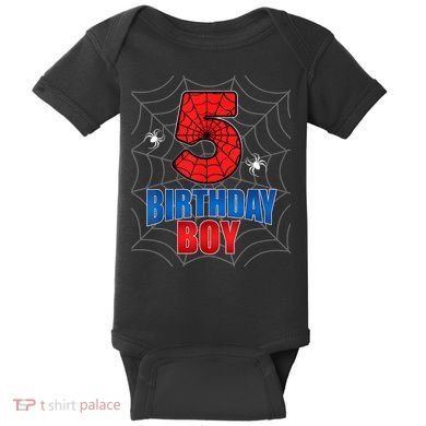 Spider Web Five 5 Years Old 5th Birthday Boy Party Baby Bodysuit