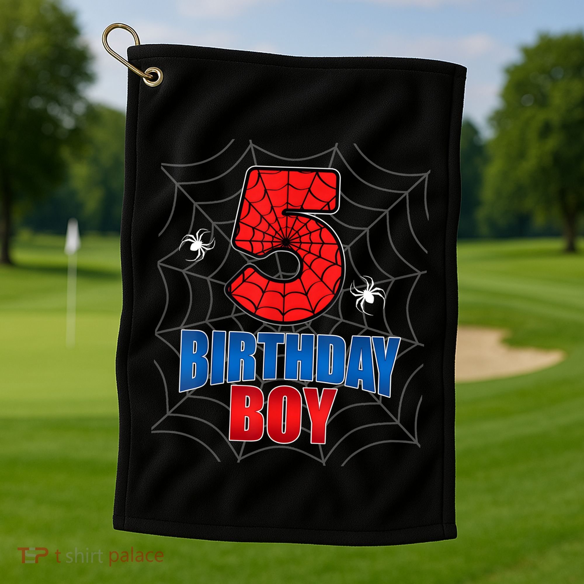 Spider Web Five 5 Years Old 5th Birthday Boy Party Golf Towel